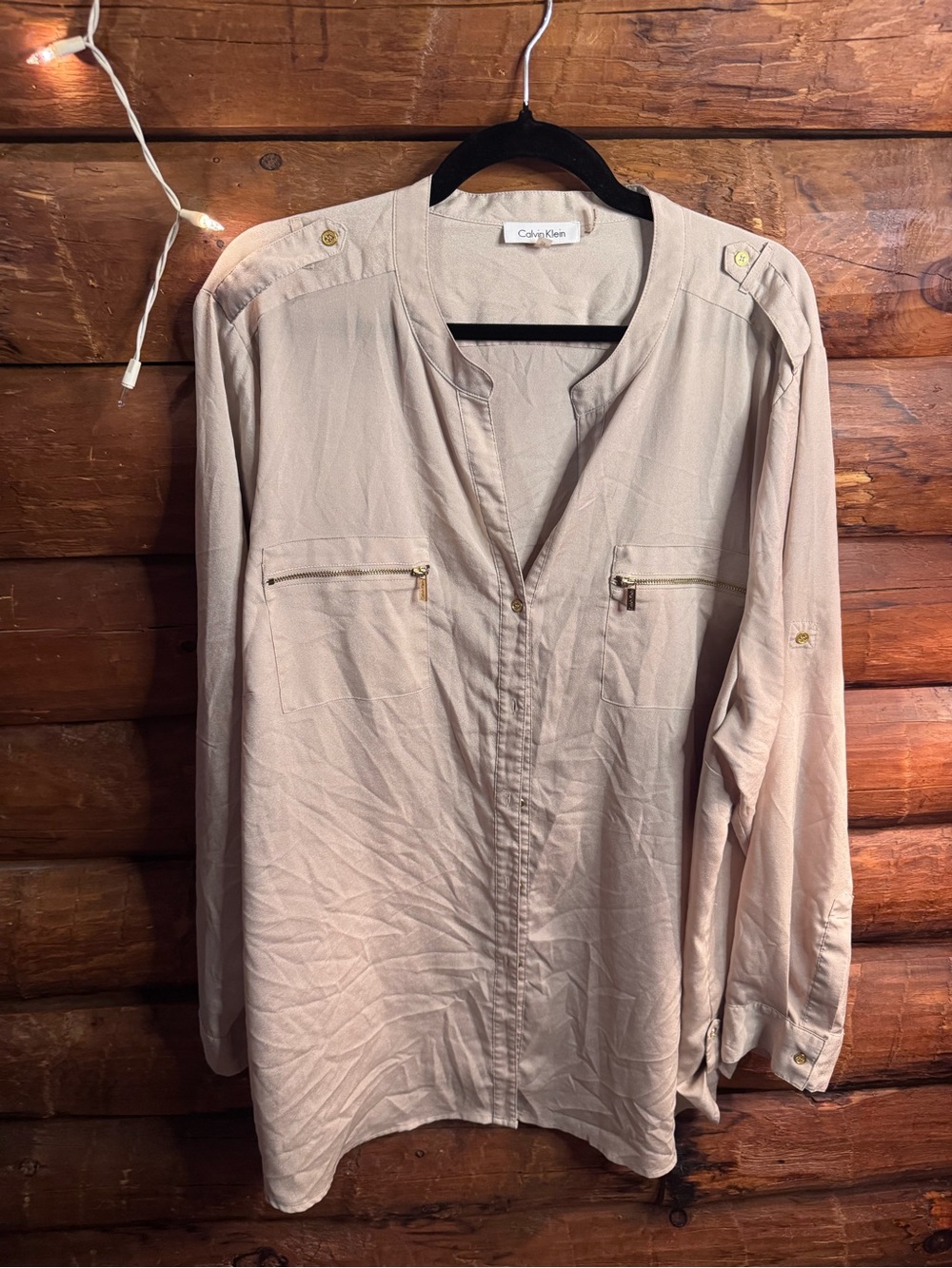 Calvin Klein Beige Long-Sleeve Zip-Pocket Top